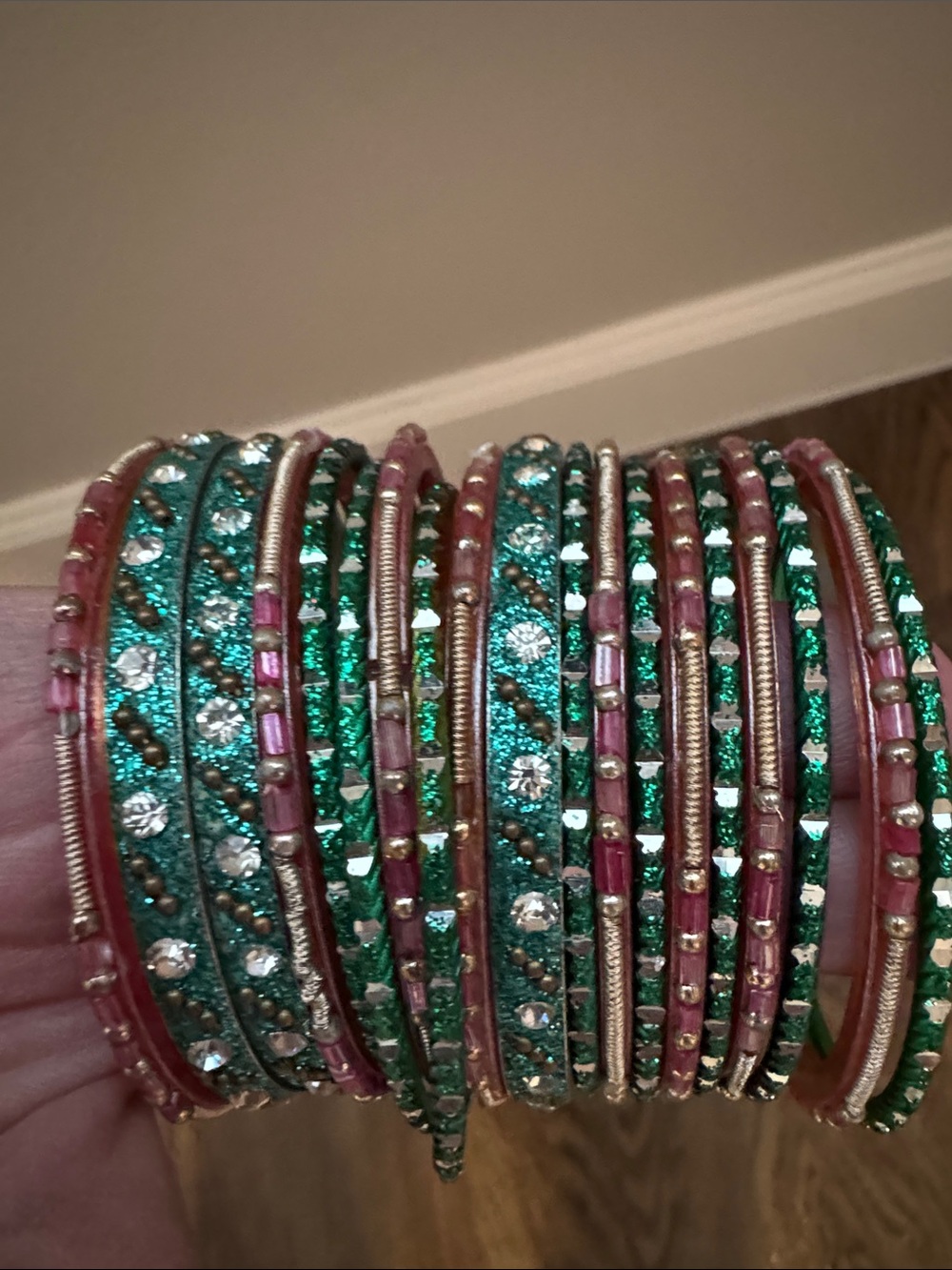 Green and Pink Crystal Bangle Bracelet Set